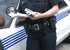 Female cops gag on massive black pole and get pussies fucked in truck