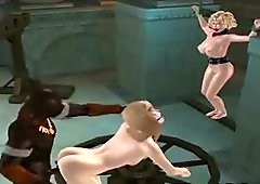 Two 3D cartoon babes sucking on a black cock