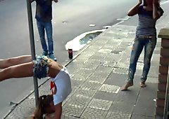Hot Russian girls dancing on a street sign